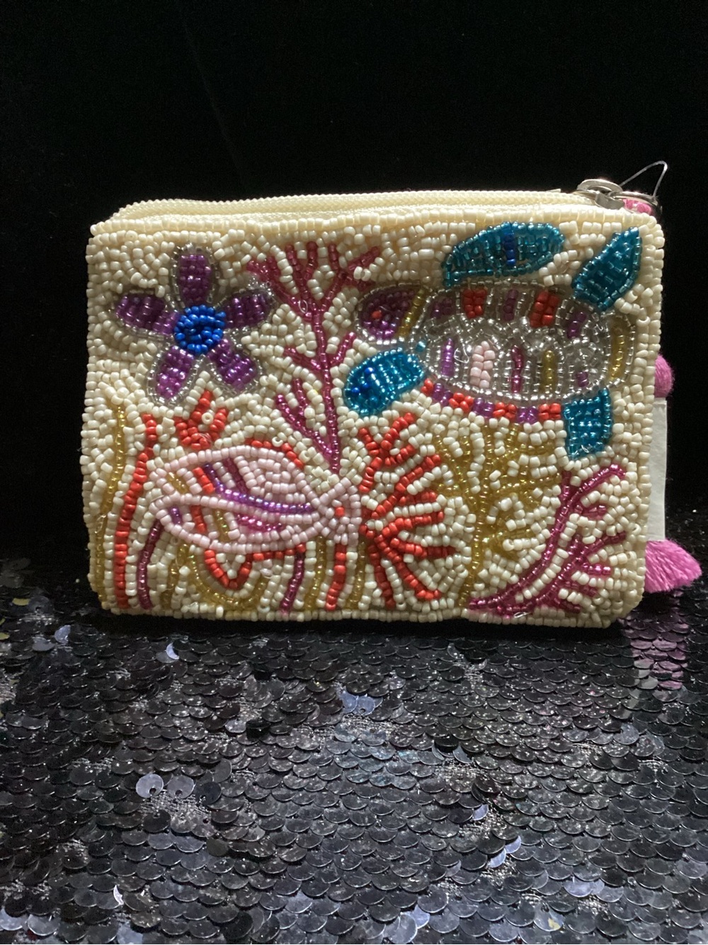 Beaded Floral and Turtle Wristlet Pouch - Cream